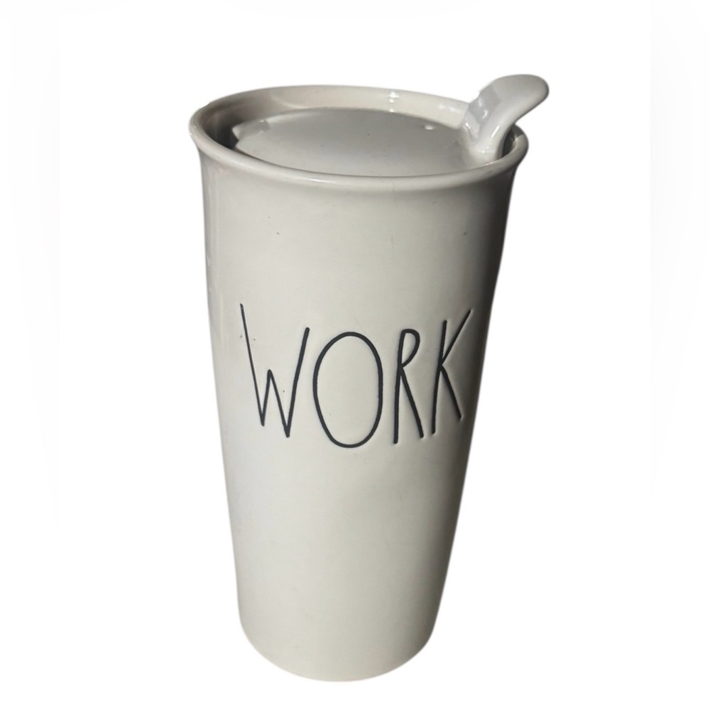 RAE DUNN By Magenta Tall Ceramic Coffee Travel Mug Tumbler W/ Lid "WORK” Cup